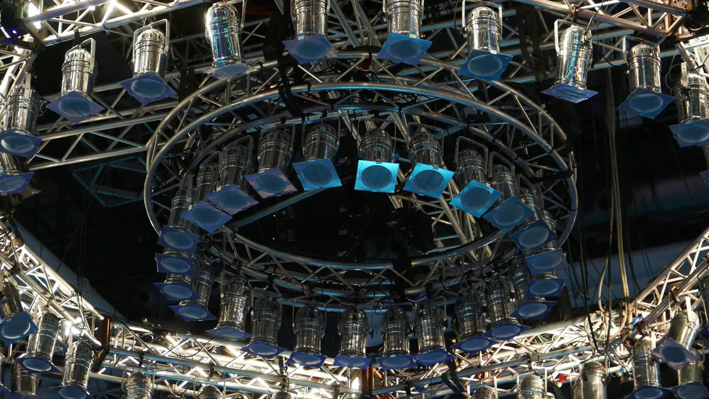 Circular truss with speakers and lights