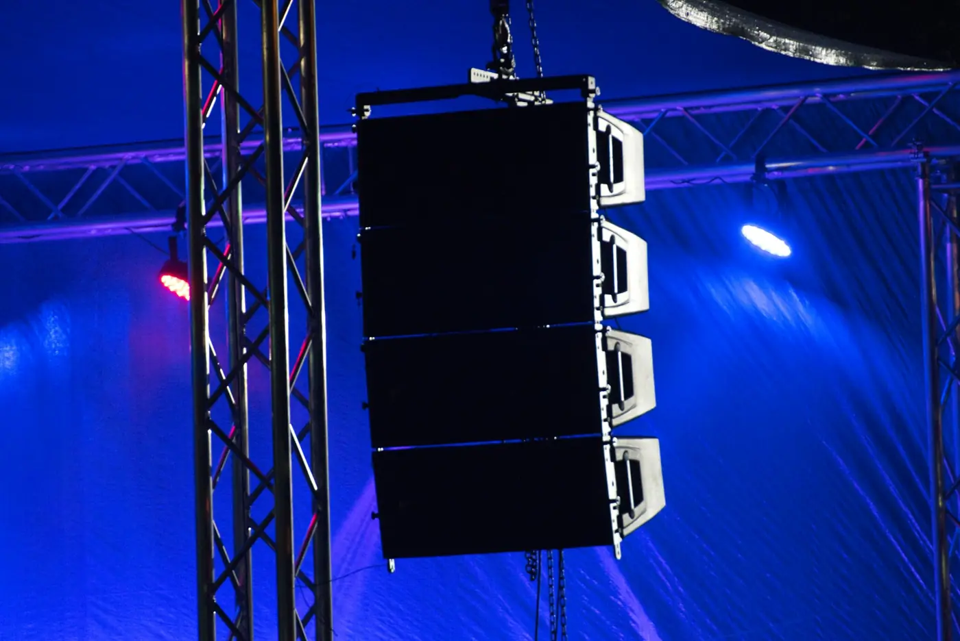 Line-array cabinets flown from truss